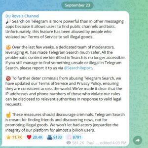 In caso di richiesta legale, Telegram condividerà i dati della piattaforma con le autorità. Fonte: Pavel Durov