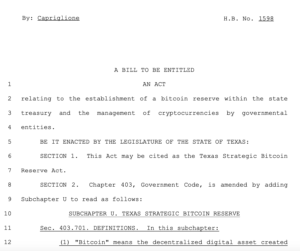 Progetto di legge sulla riserva strategica in Bitcoin. Fonte: Texas legislature