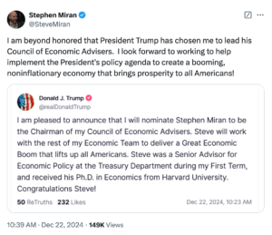 Stephen Miran nominato presidente del Council of Economic Advisor da Donald Trump